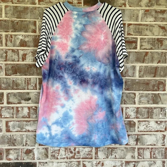 Lovely Souls Blue Pink Tie Dye Raglan Short Sleeved T-shirt - Picture 9 of 9